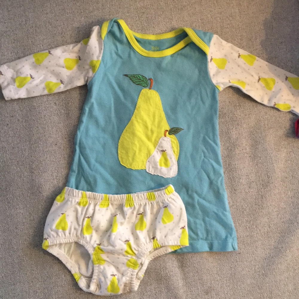 Baby Boden pear dress matching bloomers 3-6 months